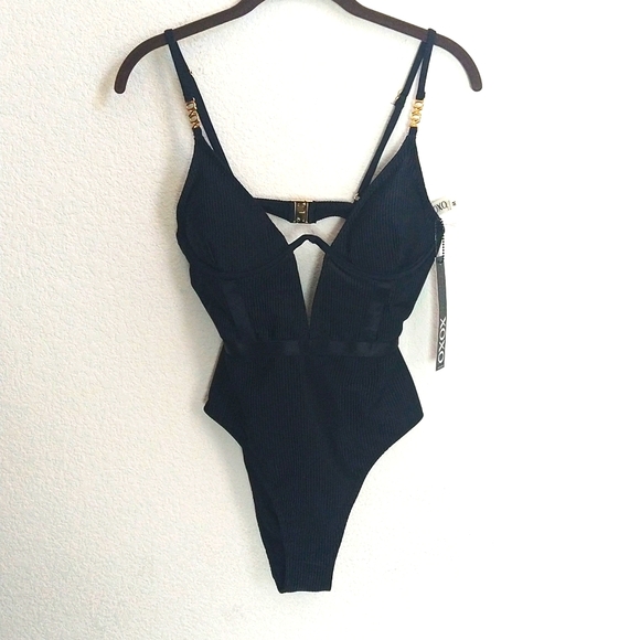 NWT XOXO Black Ribbed Push up Plunge One Piece Sexy Swimsuit - Picture 4 of 13